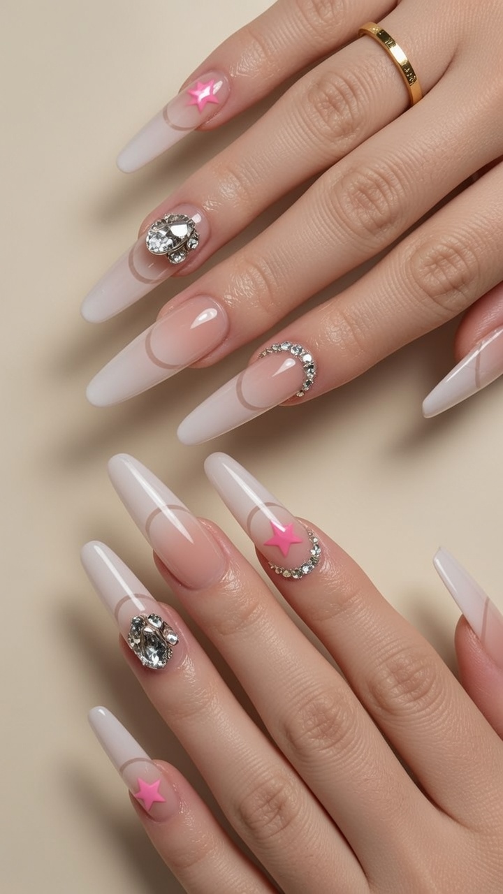 Gradient French Manicure with Star Art and Rhinestones — Step-by-Step Tutorial