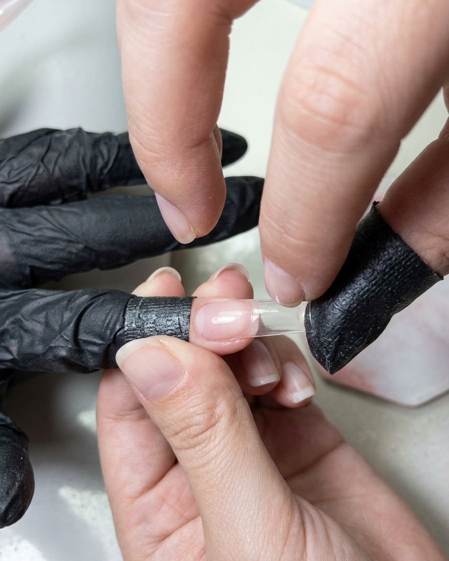 A sponge applicator pressing white tapping gel onto the tip of a long nail extension.