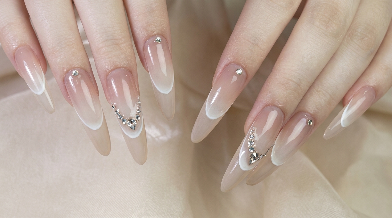 French Gradient Long Almond Nails with Rhinestone Embellishments — Step-by-Step Tutorial