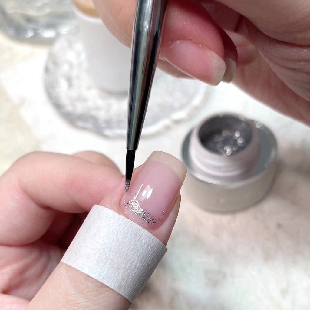 A fine liner brush dabbing crushed diamond glitter gel onto the base of a fingernail.