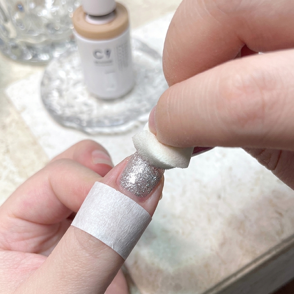 A white sponge applicator rubbing silver mirror chrome powder onto a fingernail tip.
