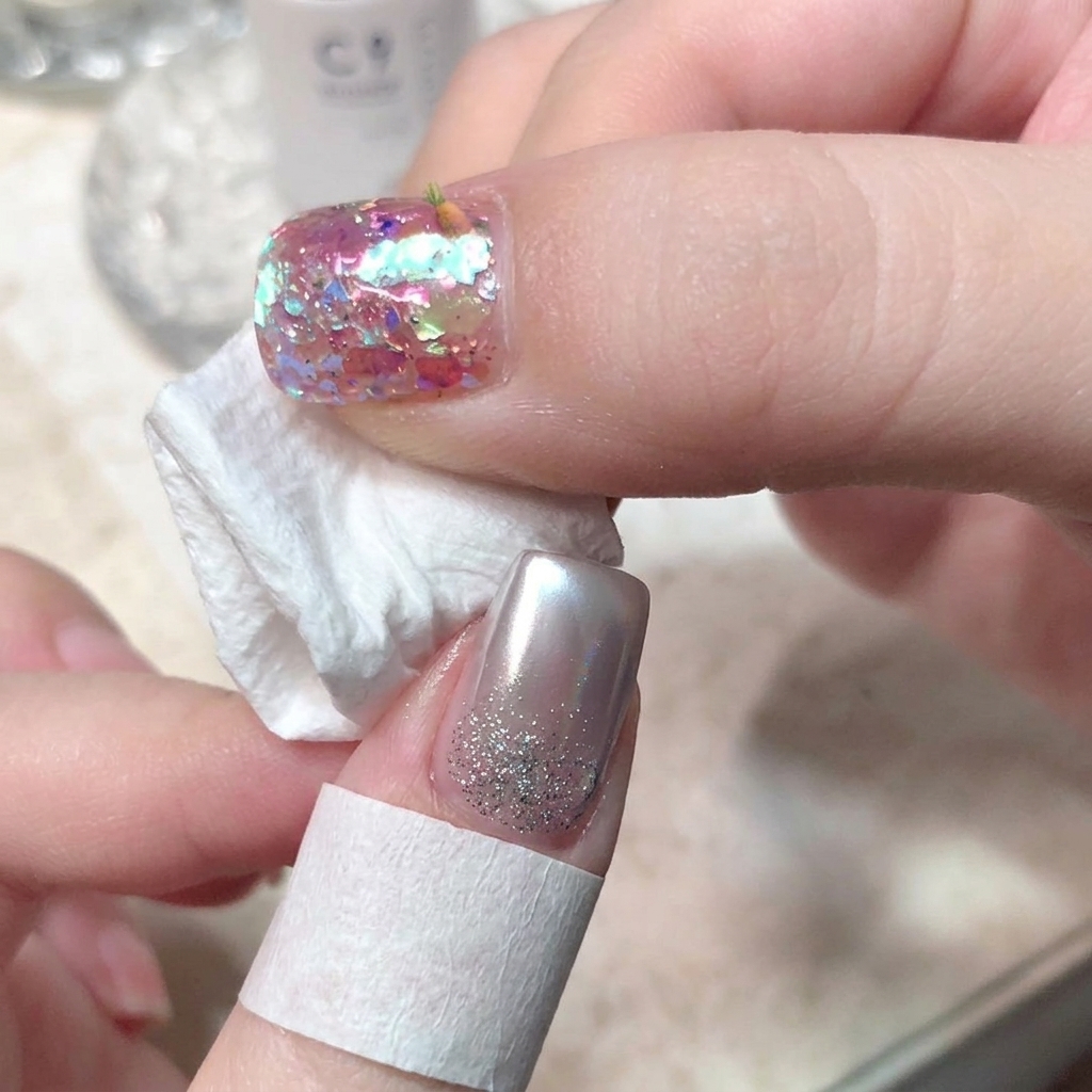 An alcohol wipe cleaning the edges and side walls of a finished chrome nail.