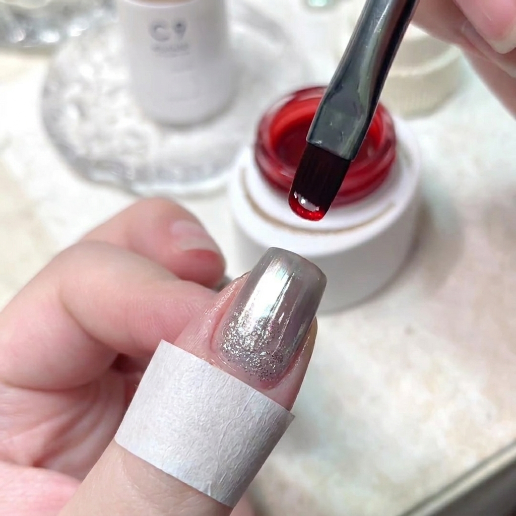 A flat gel brush applying clear base gel over a chrome nail surface.