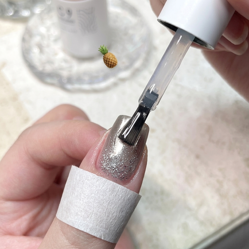 A nail brush smoothly applying a glossy clear top coat over a finished decorative nail.