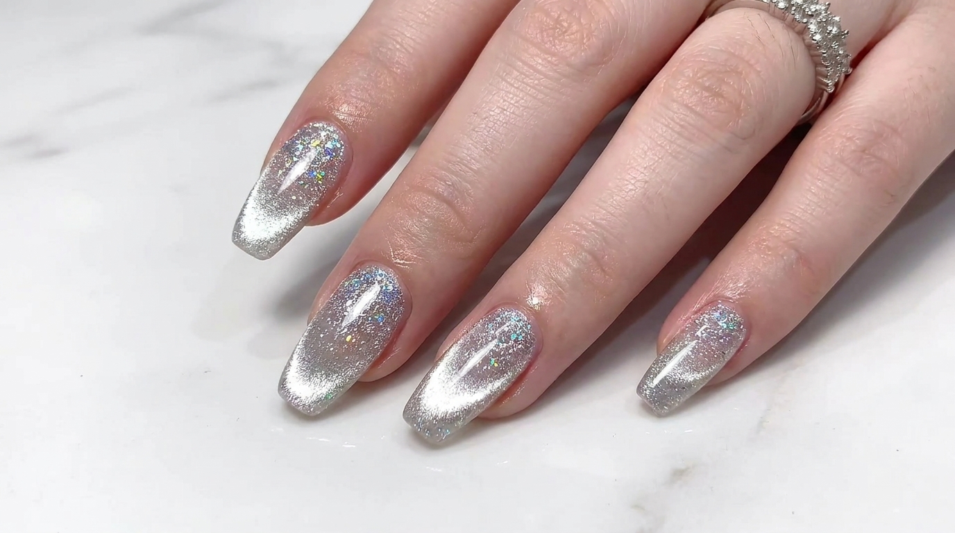 Close-up of finished silver gradient and cat-eye gel nails with a high-gloss finish.
