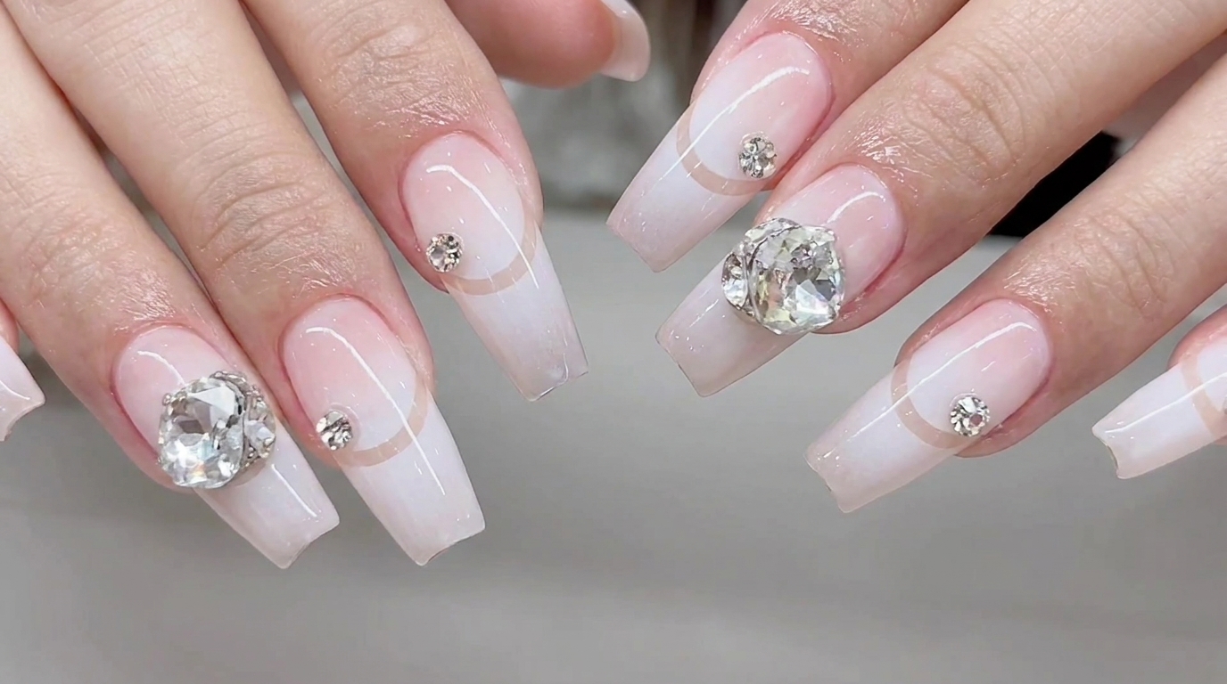 Super Gentle Hollow French Gradient Nails with Rhinestones — Step-by-Step Tutorial