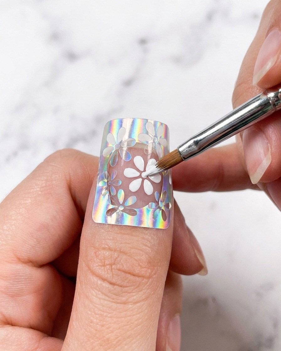 A hand positioned under a UV lamp curing the newly painted white flower gel.