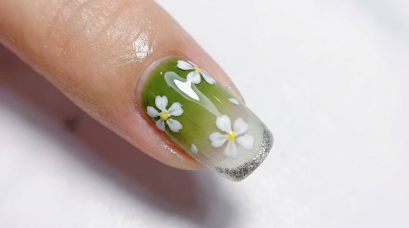 Olive Green Gradient & White Floral Gel Nails with Silver French Tip