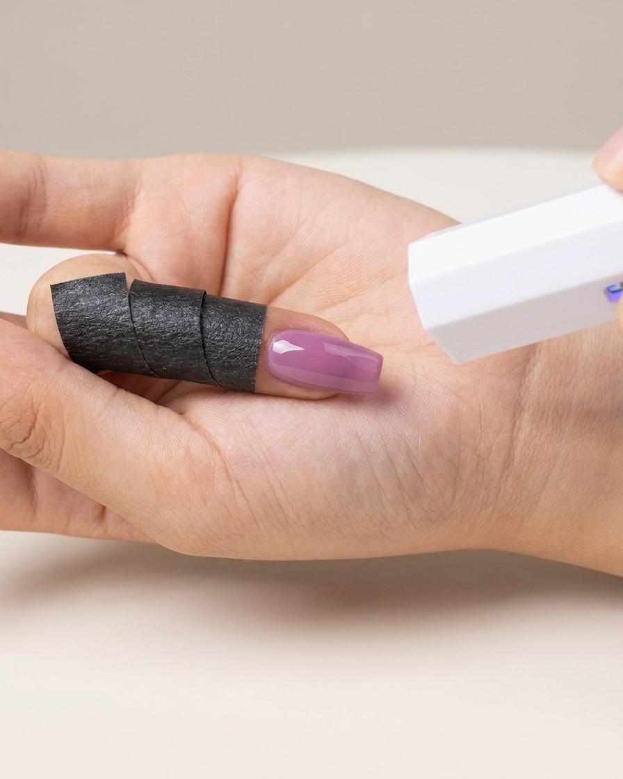 A hand holding a mini white UV/LED curing lamp over a purple gel-polished fingernail.