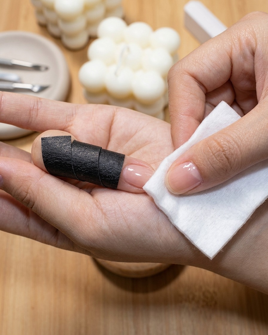 A hand using a white cotton pad to wipe the surface of a manicured finger.