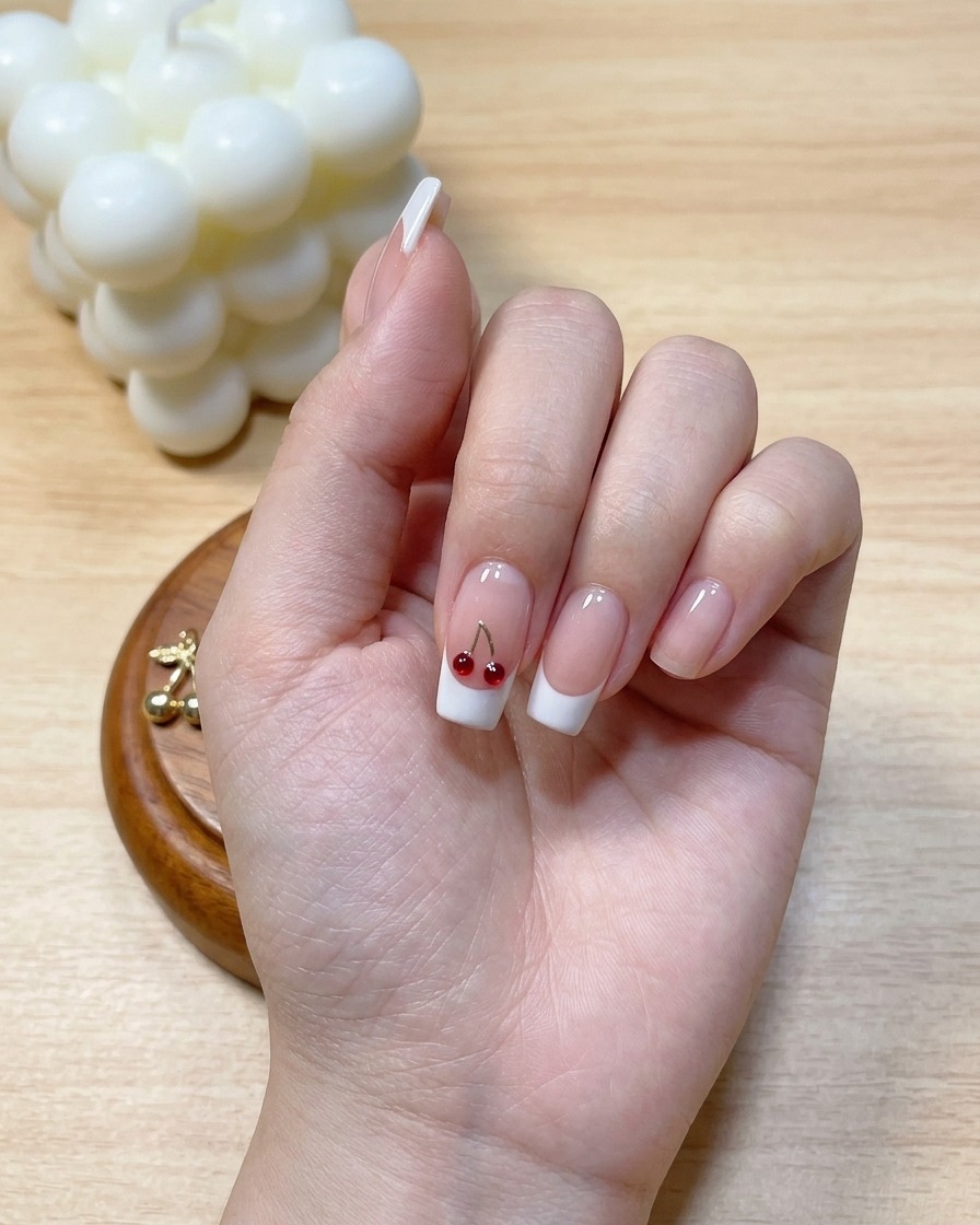 A hand inside a UV/LED nail lamp curing the fully painted white French tip.