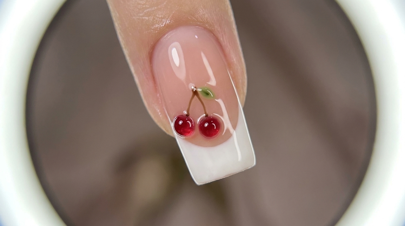 Close-up of a completed square nail featuring a milky nude and pink gradient base, white French tip, and a 3D cherry nail art designcite: 1.