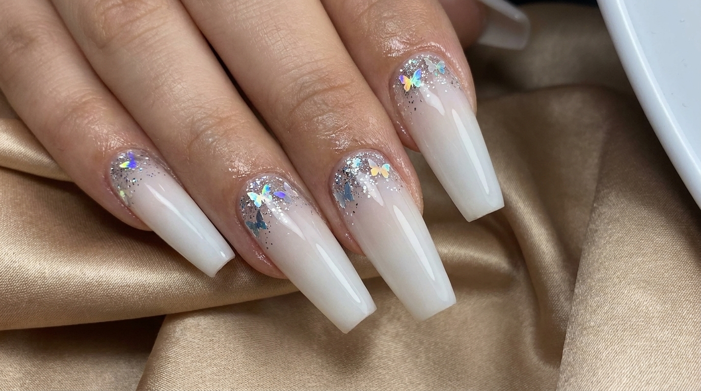 Fairy Butterfly Milky White Gradient Nails — Step-by-Step Tutorial