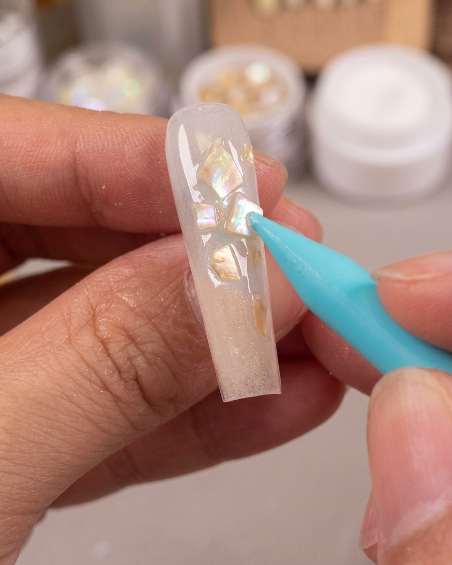 A blue silicone shaping tool filling gaps between shell flakes with shimmering fairy powder paste.