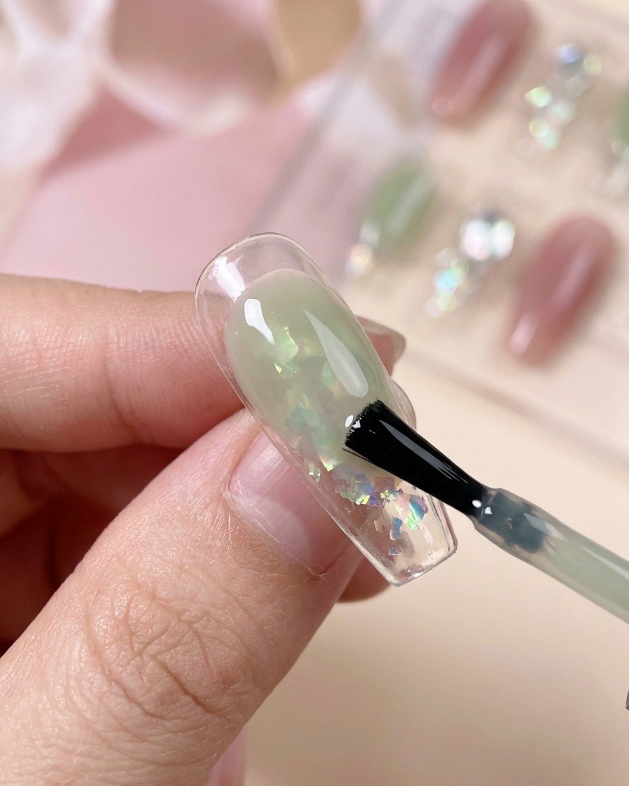 A brush applying translucent bean-sand green gel over the decorated nail surface.