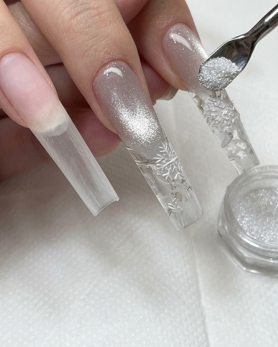 A small tool sprinkling shimmering diamond powder onto wet gel nail art.