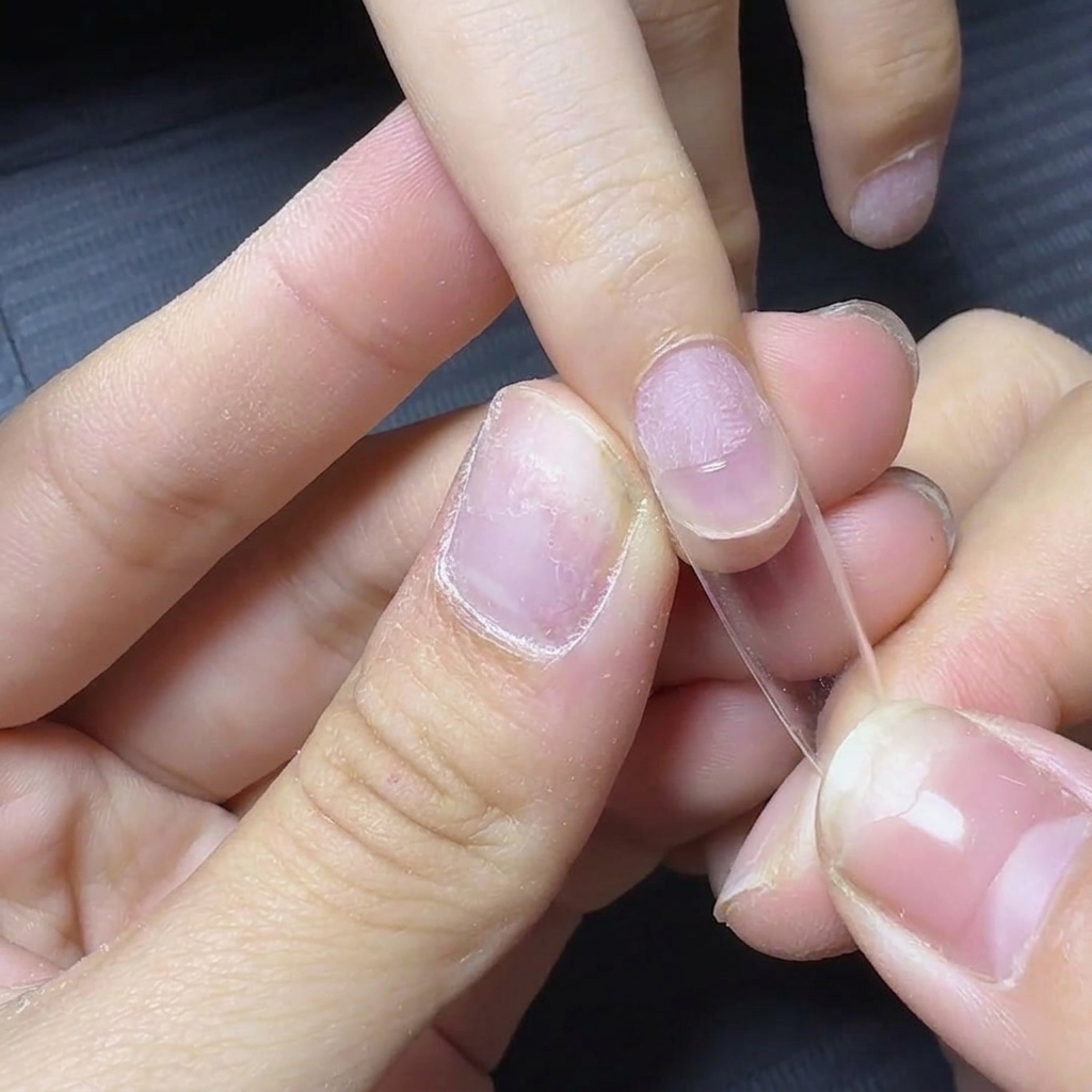 A hand holding a clear D-curve nail tip and aligning it against a prepped natural fingernail with adhesive gel.