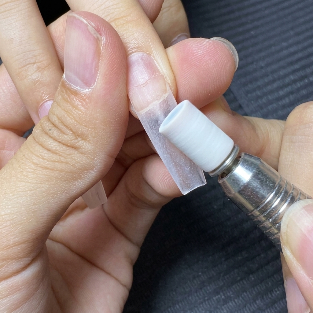 An e-file smoothing the surface and free edge of a clear nail extension to remove gloss.