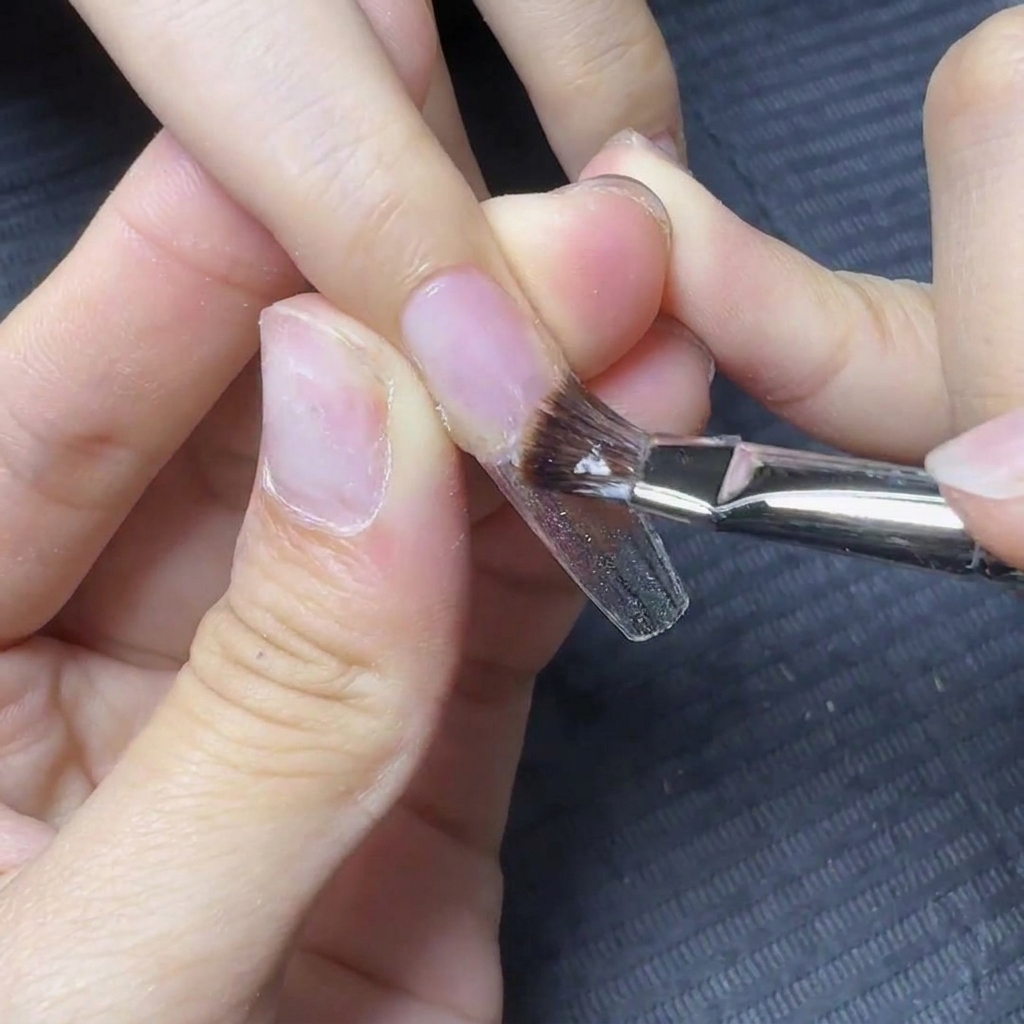 A nail brush applying a clear base layer of gel over the natural nail area.