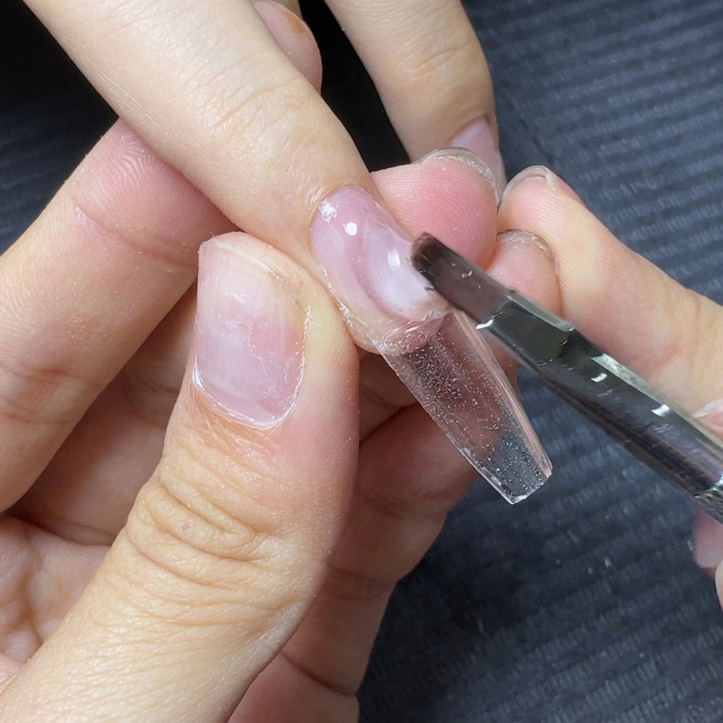 A gel brush placing a large bead of clear builder gel near the cuticle area of the nail.