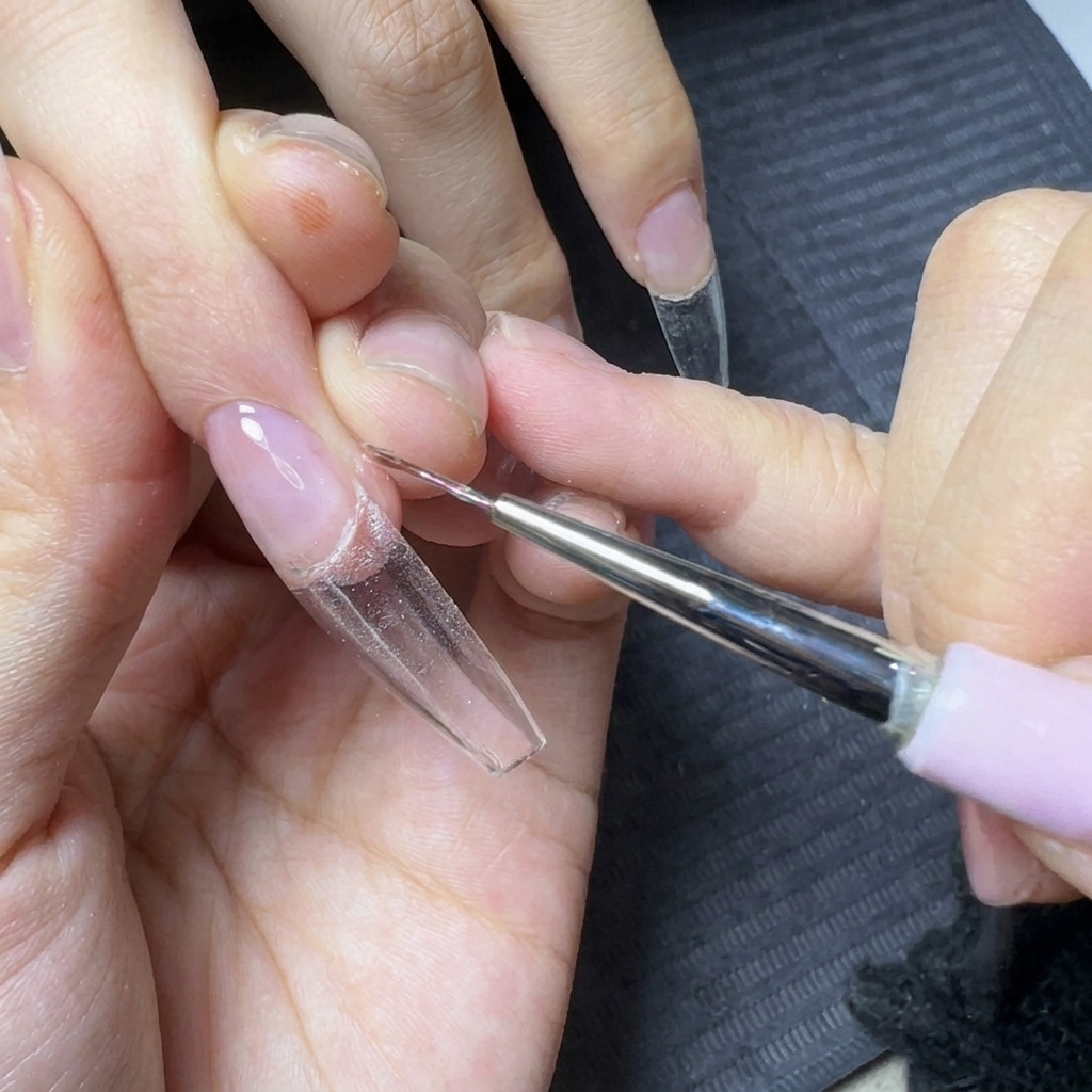 A fine detail brush smoothing builder gel along the edge of a long clear nail extension.