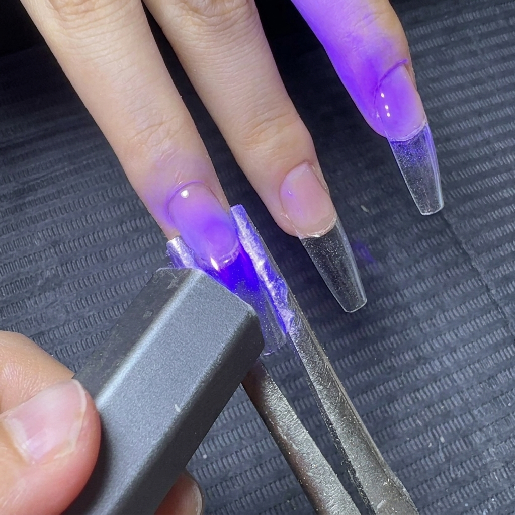 Tweezers pinching the sides of a clear gel extension while a handheld UV light cures the gel.