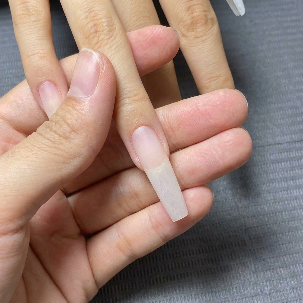 A close-up view of a matte-buffed long acrylic or gel nail extension showing an even, smooth texture.