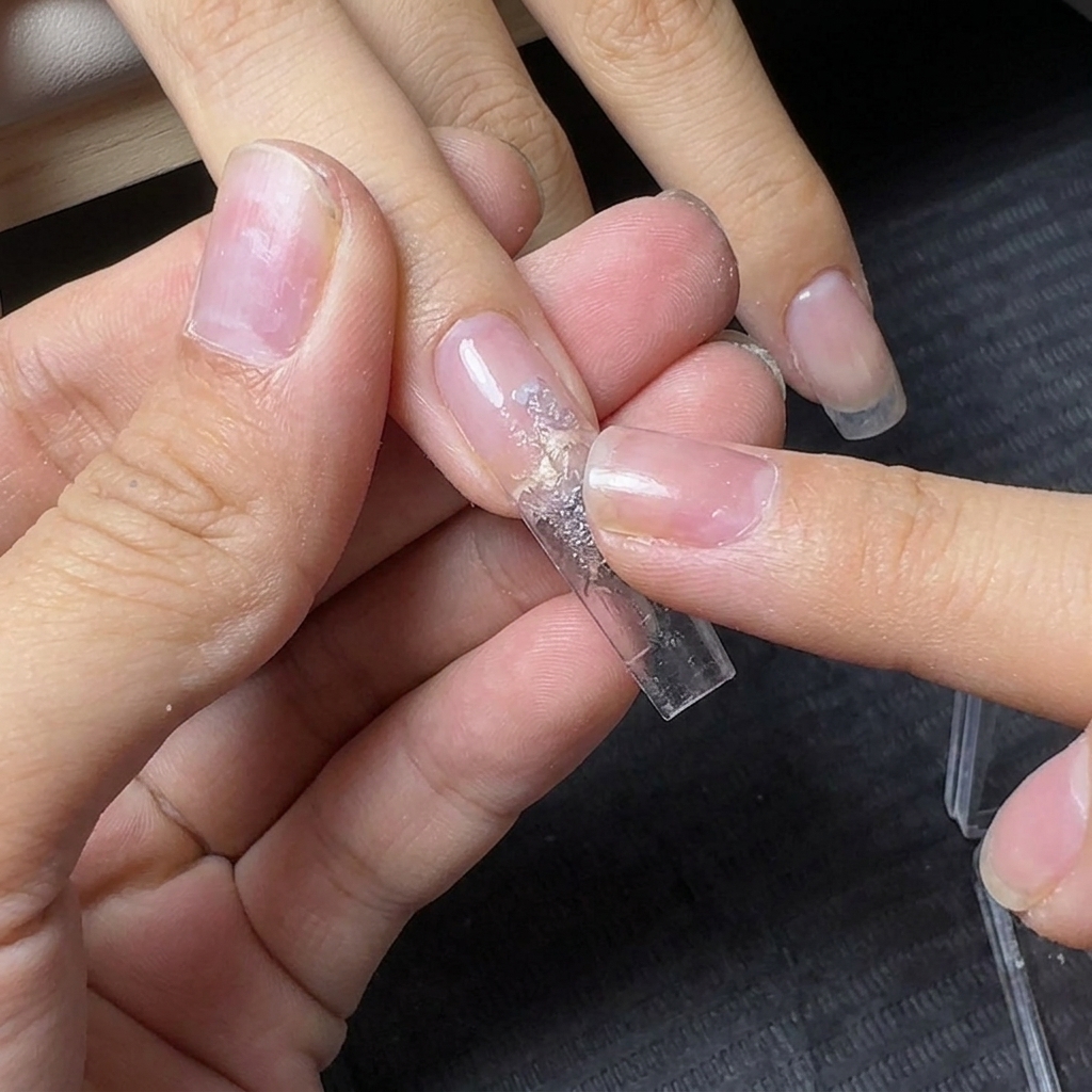 A fingertip pressing silver reflective glitter mud onto the base of a clear nail extension.