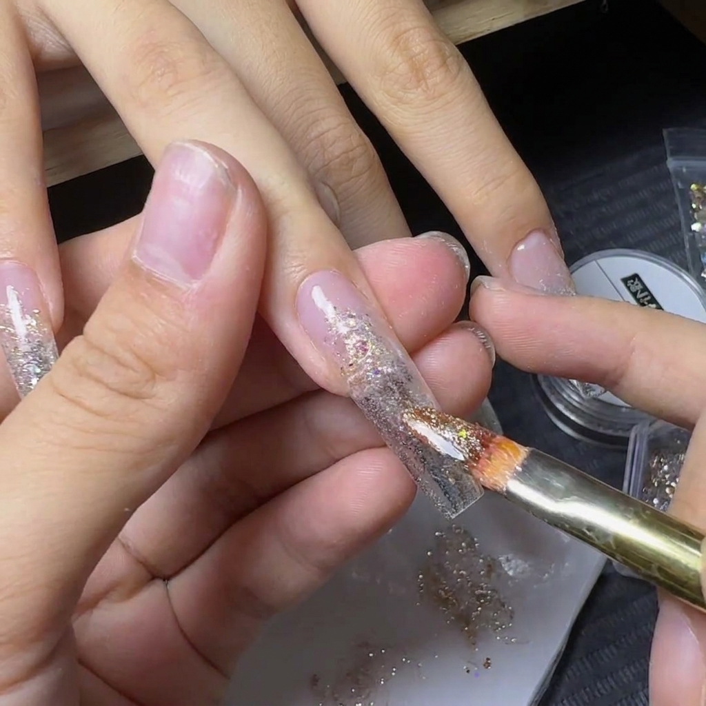 A brush applying sparkling yellow-gold glitter flakes over the center of a decorated nail.