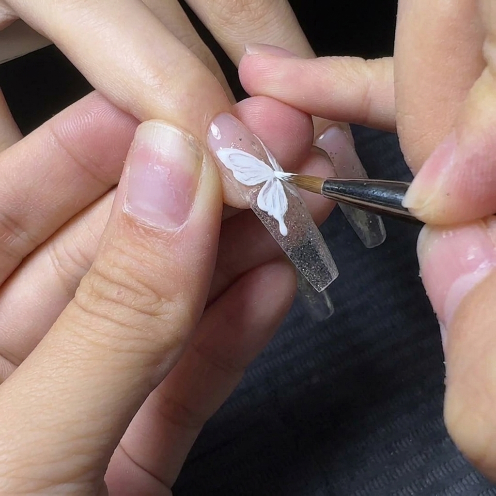 A fine liner brush painting a delicate white outline of a butterfly wing on a glitter nail.