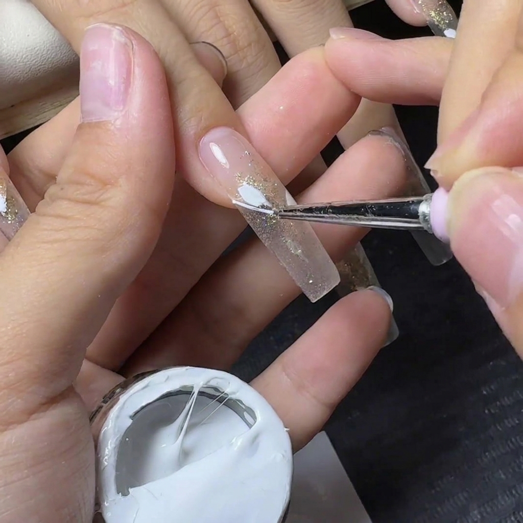A tool applying white stringy spider gel horizontally across the smile line of a clear glitter nail extension.