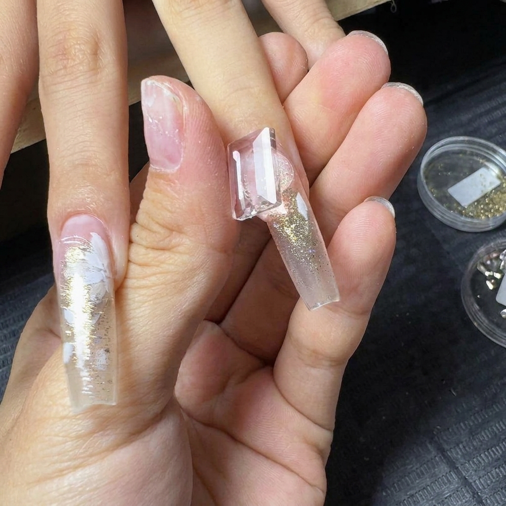 Tweezers placing a large rectangular clear gemstone near the cuticle area of a nail.