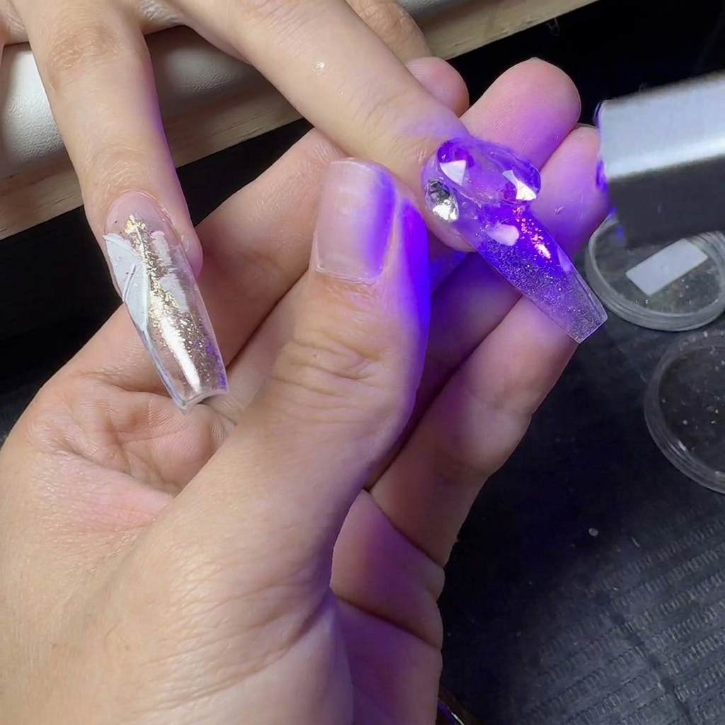 A mini UV flashlight curing rhinestones on a decorative nail extension.