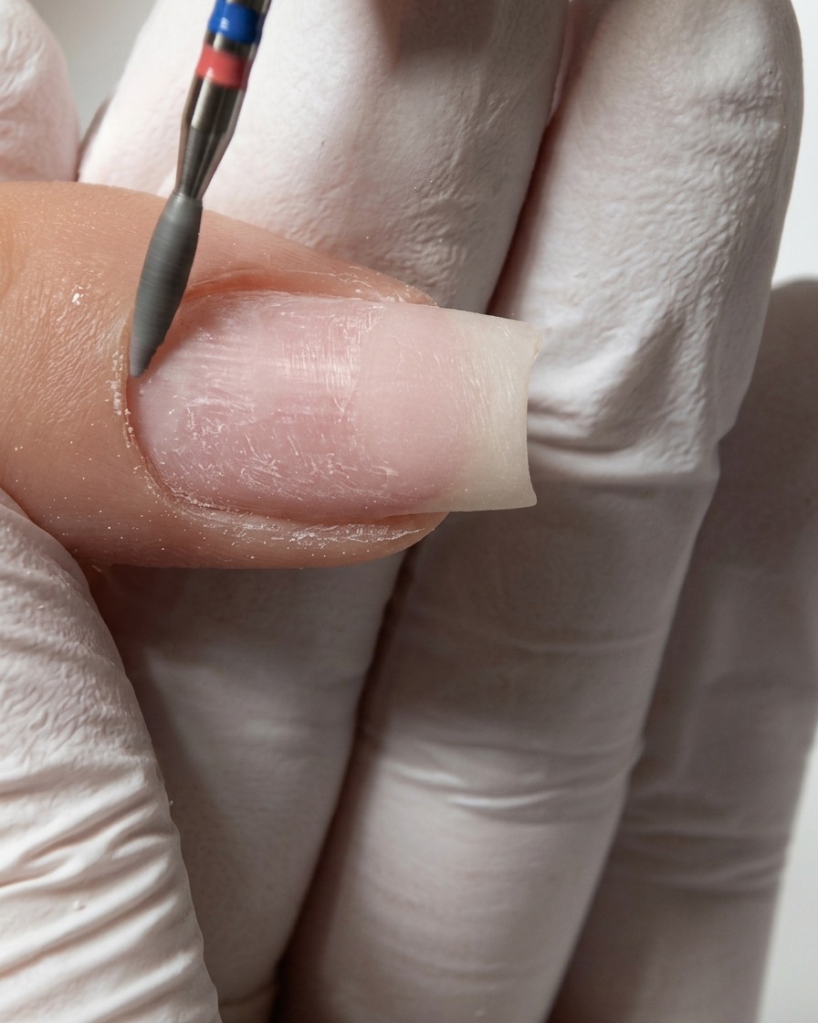 A fine e-file bit cleaning the lateral nail folds along the side of a prepped natural nail.