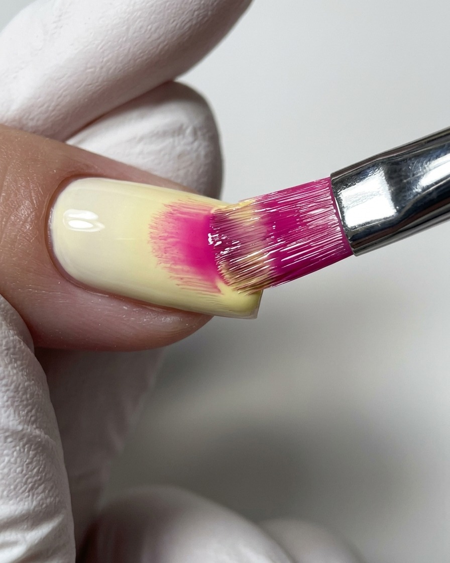 A nail brush with pink-dyed bristles applying pastel yellow gel polish over a clear gel base.