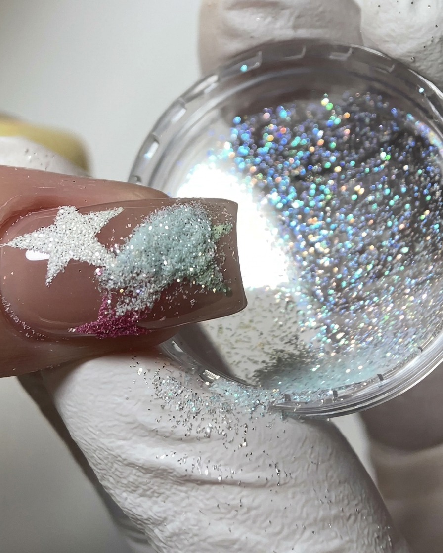 A nail held over a jar of iridescent powder, showing silver-green glitter sprinkled over the wet star.