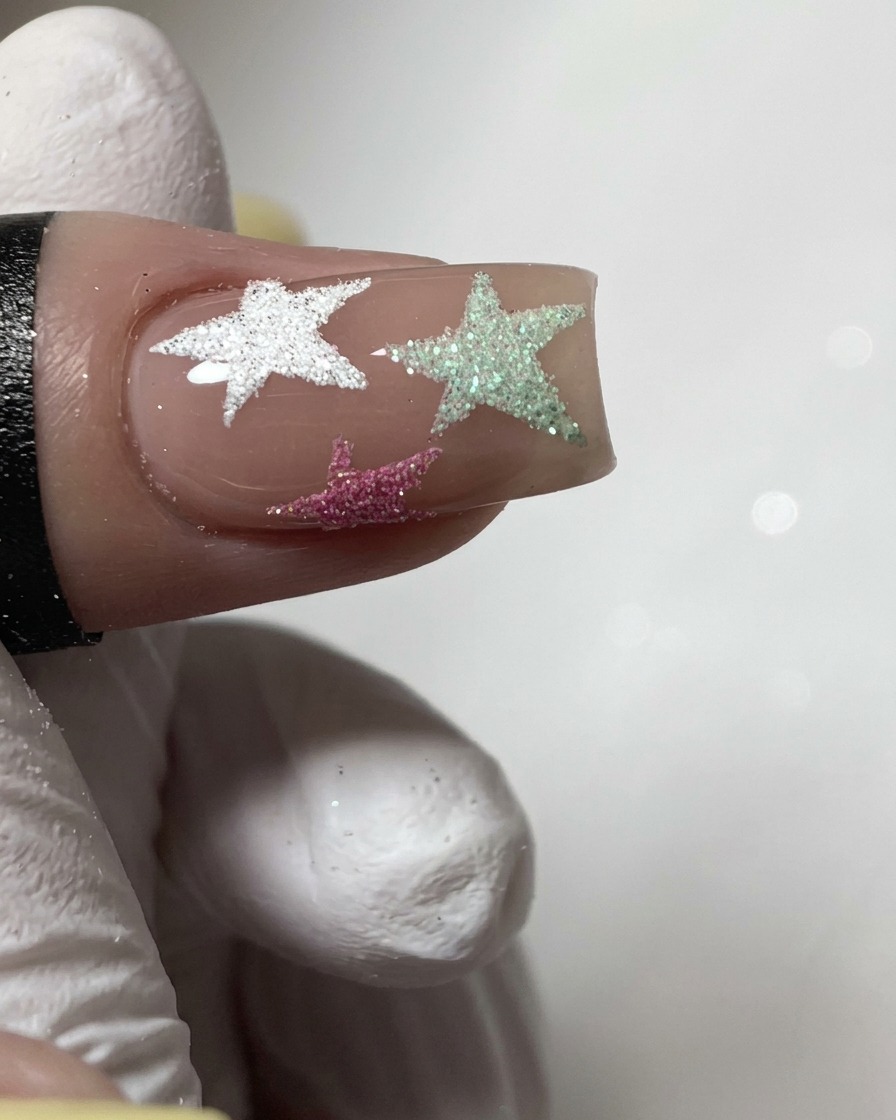 A brush applying clear top coat over a pastel yellow gel nail.