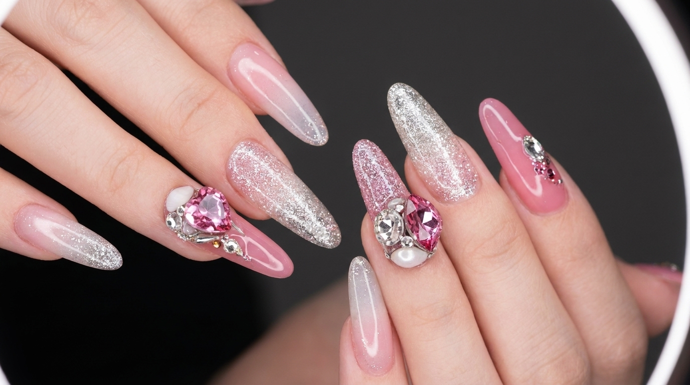Pink Rhinestone and Silver Glitter Long Almond Nails — Step-by-Step Showcase