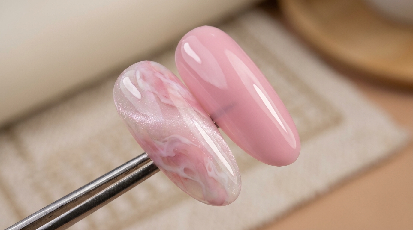 Close-up of completed Eiko Esaka acetate style gel nails showcasing soft pink and translucent marbled layers with a striking magnetic cat eye shimmer.