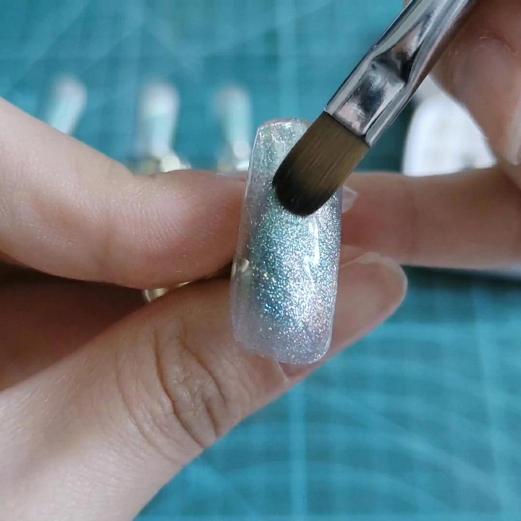A brush layering additional blue and purple pigment onto a nail tip.