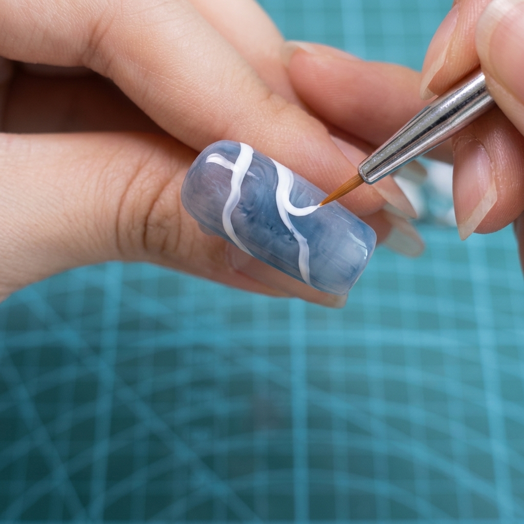A flat brush softening the edge of white painted lines on a nail to create a smoky gradient.