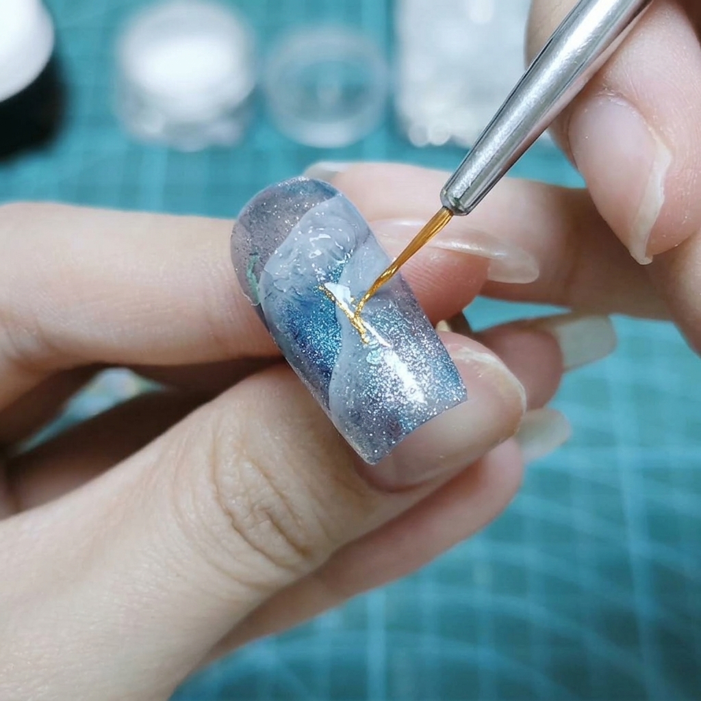 A hand using a thin detail brush to apply clear gel to the center of a blue and white painted nail.
