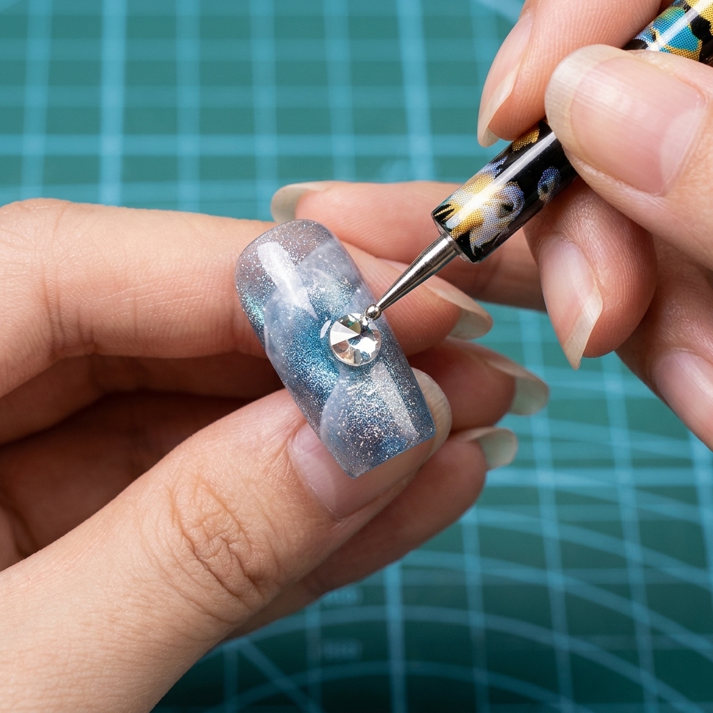 A wax picking tool placing a round, faceted clear crystal charm onto the center of a decorated nail.