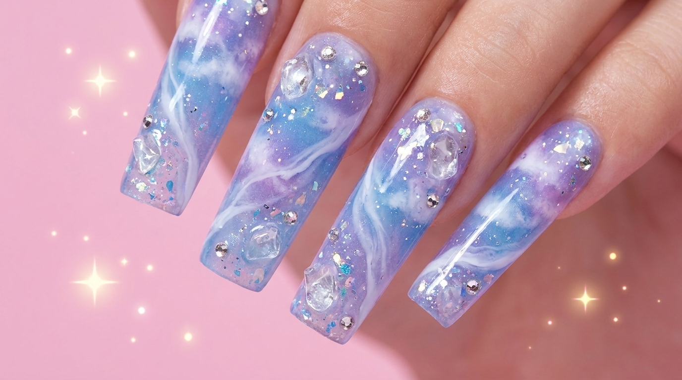 Dreamy Blue and Purple Cloud Smudge Nail Art with 3D Crystals