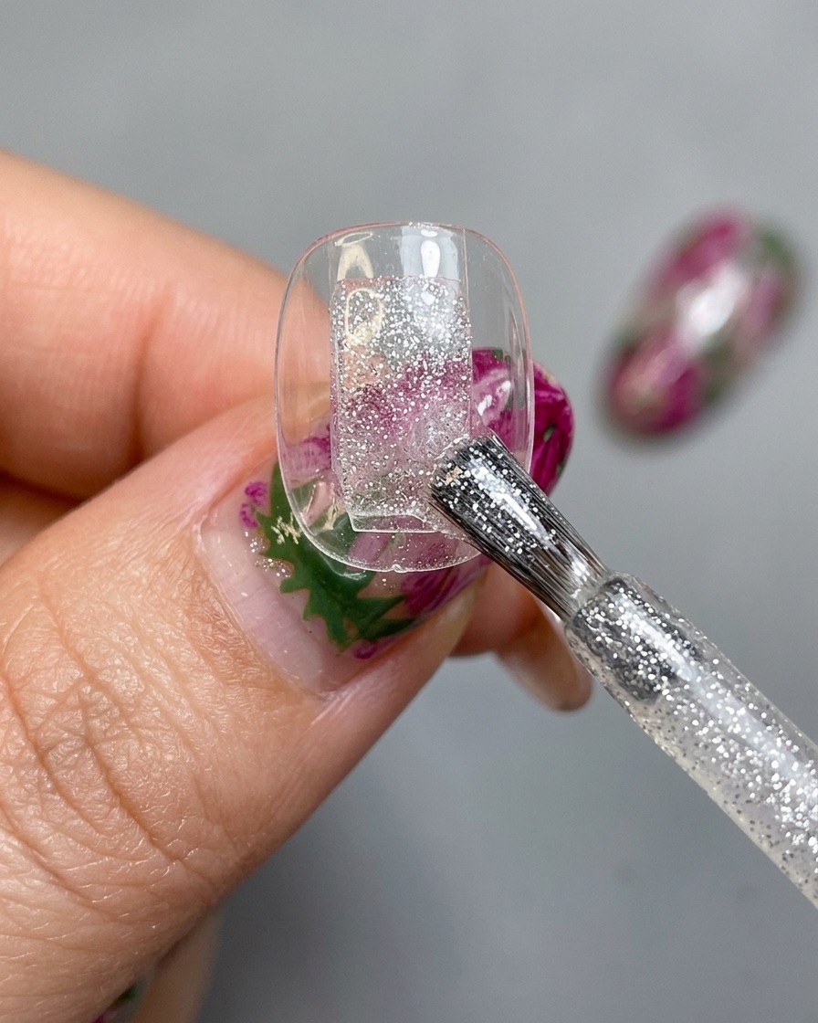 A nail brush applying a sparkly silver cat eye gel base to a clear nail tip attached to a display stand.