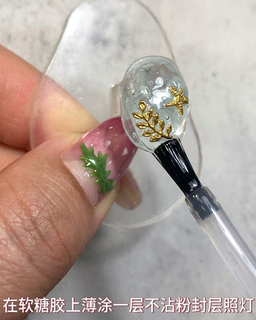 A nail brush resting near a completed top coat layer on an Atlantis style nail design.