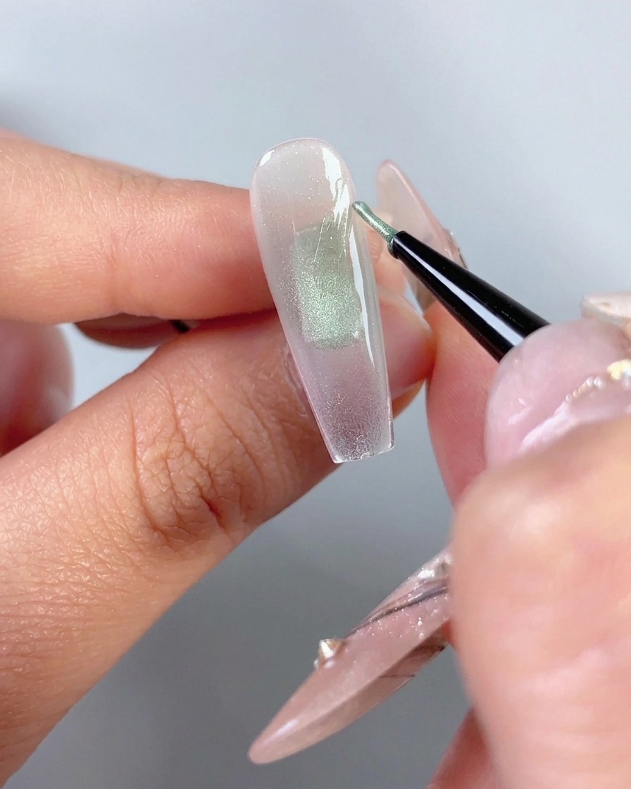 A fine liner brush applying green cat-eye gel polish in the shape of a half-butterfly wing on the right side of a clear nail tip.