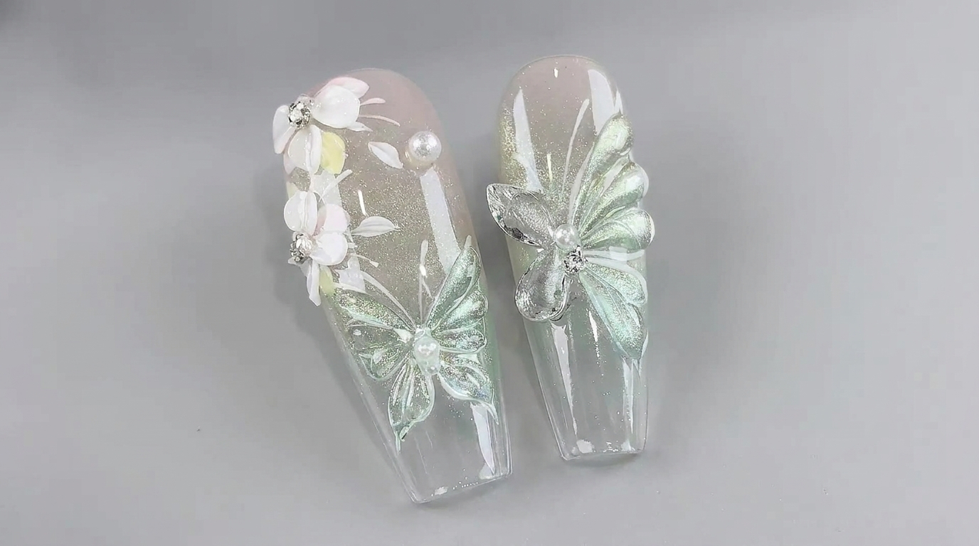 Ice Transparent Floral Butterfly Cat-Eye Gel Nails — Step-by-Step Tutorial