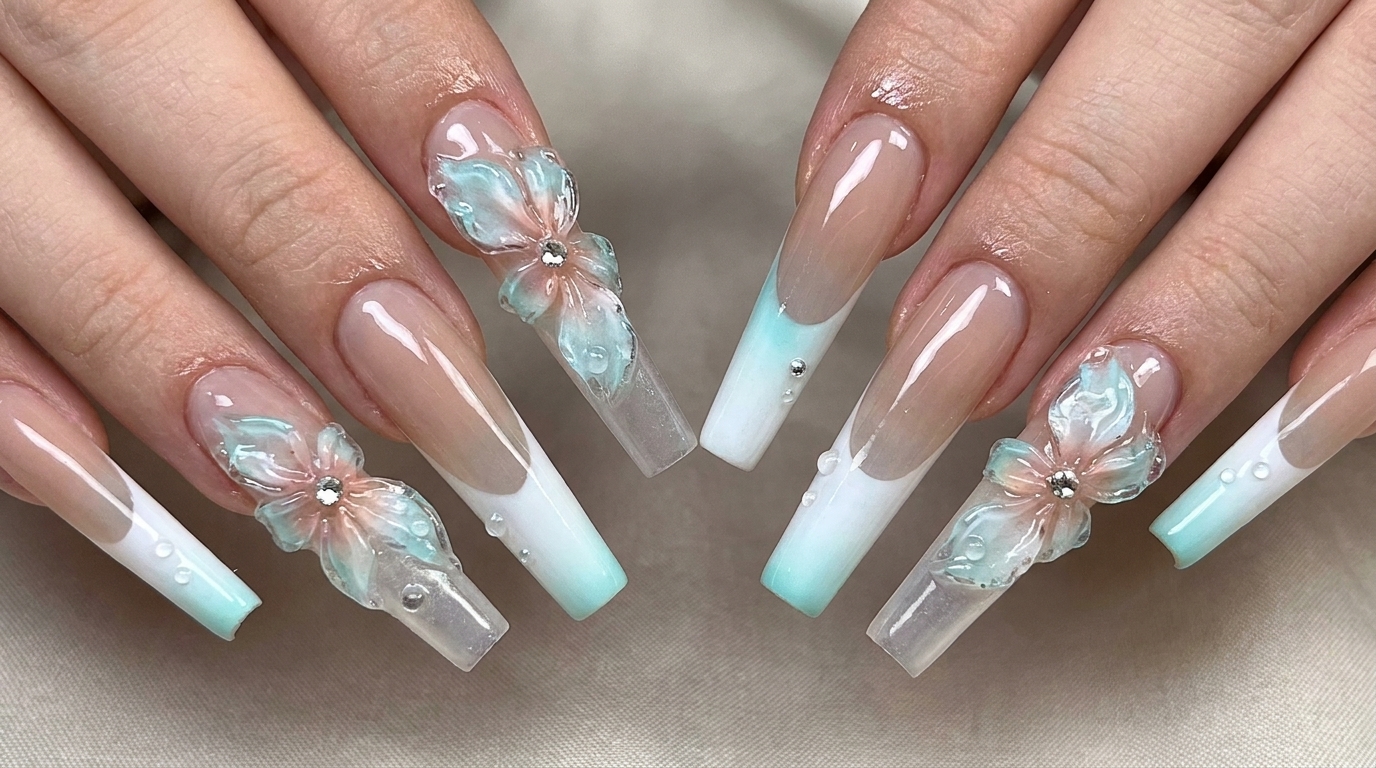 Cool Blue Ice Flower French Gradient Nails — Step-by-Step Tutorial