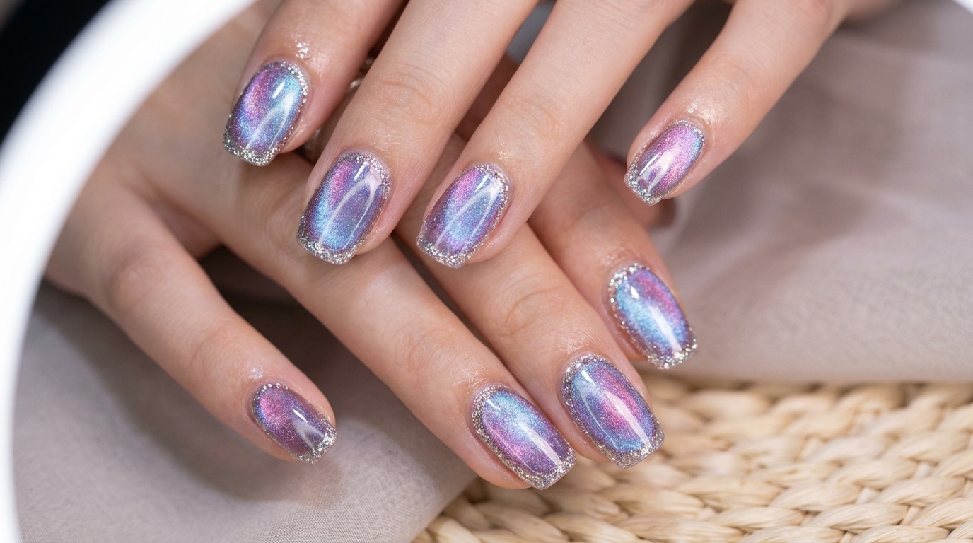 Close-up of glossy aurora illusion blue-purple cat eye nails featuring a glowing central shift and flash glitter outlined edges.